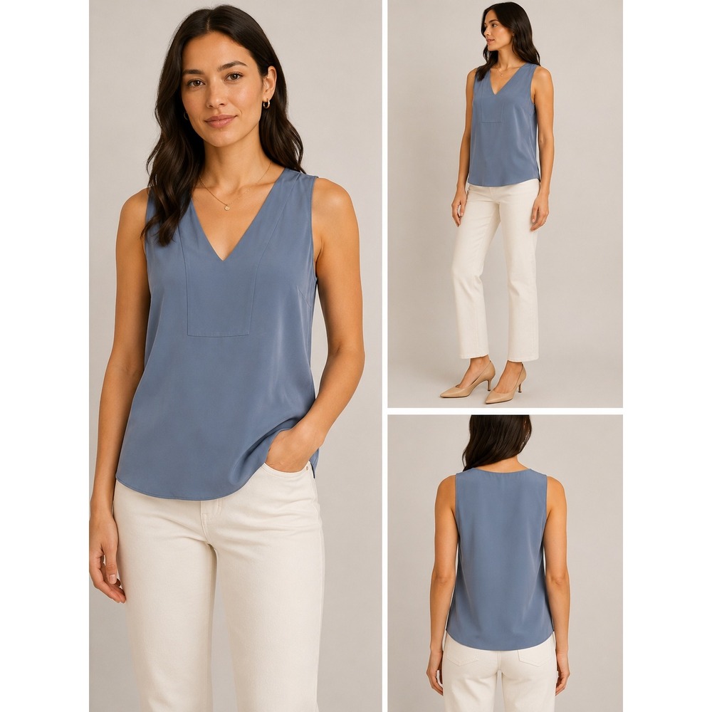 Theory Womens Classic GGT V-Yoke Shell Tank Top Blue 100% Silk Petite J0402543